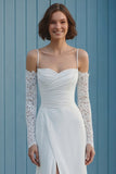 Ivory Mermaid Cold Shoulder Ruched Sweep Train Wedding Dress with Slit