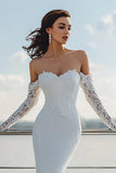 Ivory Off the Shoulder Mermaid Sweep Train Wedding Dress with Lace