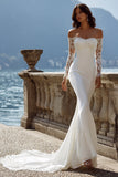 Ivory Off the Shoulder Mermaid Sweep Train Wedding Dress with Lace