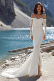 Ivory Mermiad Off the Shoulder Sweep Train Wedding Dress with Slit