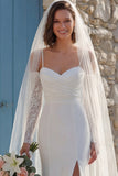 Ivory Mermiad Ruched Spaghetti Straps Sweep Train Wedding Dress with Slit