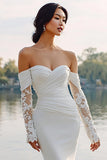 Ivory Satin Mermaid Off The Shoulder Sweep Train Wedding Dress with Sleeves