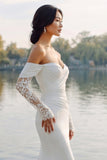 Ivory Satin Mermaid Off The Shoulder Sweep Train Wedding Dress with Sleeves