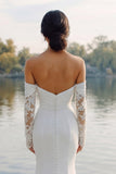Ivory Satin Mermaid Off The Shoulder Sweep Train Wedding Dress with Sleeves