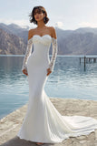 Ivory Mermaid Sweep Train Wedding Dress with Sleeves