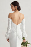 Ivory Chiffon Mermaid Appliqued Sweep Train Boho Wedding Dress with Sleeves