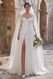 Ivory A Line Long Sleeves Sweep Train Boho Wedding Dress with Slit