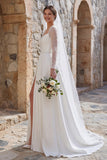 Ivory A Line Long Sleeves Sweep Train Boho Wedding Dress with Slit