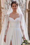 Ivory A Line Long Sleeves Sweep Train Boho Wedding Dress with Slit