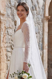 Ivory A Line Long Sleeves Sweep Train Boho Wedding Dress with Slit