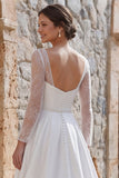 Ivory A Line Long Sleeves Sweep Train Boho Wedding Dress with Slit