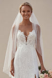Ivory Spaghetti Straps A-Line Long Lace Appliqued Wedding Dress with Slit