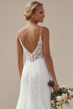 Ivory Spaghetti Straps A-Line Long Lace Appliqued Wedding Dress with Slit