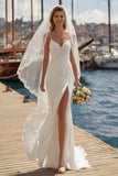 Ivory A-Line Spaghetti Straps Lace Appliqued Long Wedding Dress with Slit