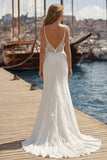 Ivory A-Line Spaghetti Straps Lace Appliqued Long Wedding Dress with Slit