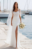 Ivory Spaghetti Straps Mermaid Appliqued Long Wedding Dress with Slit