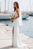 Ivory Spaghetti Straps Mermaid Appliqued Long Wedding Dress with Slit