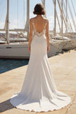 Mermaid Ivory Satin Appliqued Spaghetti Straps Wedding Dress with Slit