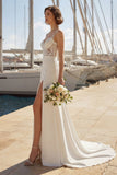 Mermaid Ivory Satin Appliqued Spaghetti Straps Wedding Dress with Slit