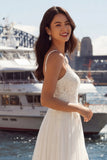 Ivory A Line Appliqued Pleated Tulle Long  Wedding Dress with Slit