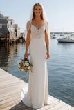 Ivory Sheath Appliqued Spaghetti Straps Wedding Dress with Sweep Train