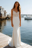 Ivory Sheath Appliqued Spaghetti Straps Wedding Dress with Sweep Train