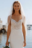 Ivory Sheath Appliqued Spaghetti Straps Wedding Dress with Sweep Train