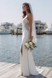 Ivory Mermaid Appliqued Satin Long Wedding Dress with Slit