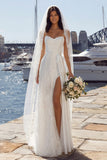 Ivory Sheath Lace Satin Long Wedding Dress with Slit