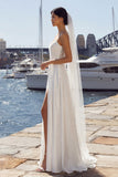 Ivory Sheath Lace Satin Long Wedding Dress with Slit