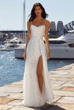 Ivory Sheath Lace Satin Long Wedding Dress with Slit