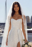 Ivory Sheath Lace Satin Long Wedding Dress with Slit