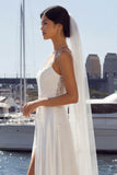 Ivory Sheath Lace Satin Long Wedding Dress with Slit