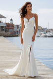 Ivory Mermaid Spaghetti Straps Appliqued Sweep Train Wedding Dress