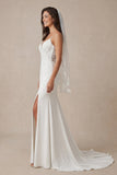 Ivory Mermaid Spaghetti Straps Appliqued Sweep Train Wedding Dress