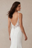 Ivory Mermaid Spaghetti Straps Appliqued Sweep Train Wedding Dress