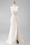 Ivory Mermaid Spaghetti Straps Lace Satin Long Wedding Dress with Slit