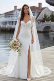 Ivory Mermaid Spaghetti Straps Lace Satin Long Wedding Dress with Slit