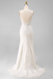 Ivory Mermaid Spaghetti Straps Lace Satin Long Wedding Dress with Slit