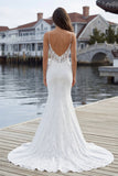 Ivory Mermaid Spaghetti Straps Lace Satin Long Wedding Dress with Slit