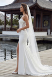 Ivory Mermaid Spaghetti Straps Lace Satin Long Wedding Dress with Slit