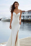 Ivory Mermaid Spaghetti Straps Lace Satin Long Wedding Dress with Slit