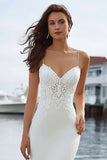 Ivory Mermaid Spaghetti Straps Lace Satin Long Wedding Dress with Slit