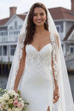 Ivory Mermaid Spaghetti Straps Lace Satin Long Wedding Dress with Slit