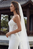 Ivory Mermaid Spaghetti Straps Lace Satin Long Wedding Dress with Slit