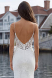 Ivory Mermaid Spaghetti Straps Lace Satin Long Wedding Dress with Slit