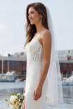Mermaid Ivory Lace Sweep Train Wedding Dress with Slit