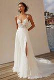 A Line Ivory Spaghetti Straps Lace Elegant Wedding Dress