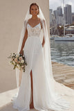 Ivory Lace A Line Wedding Dress with Slit