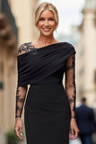 Black Lace Satin One Shoulder Sheath Mother of the Bride Dress